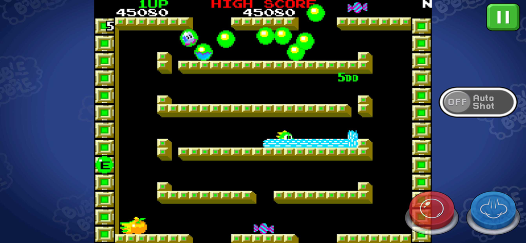 BUBBLE BOBBLE classic mobile gameplay featuring pixel art graphics and bubble shooting mechanics