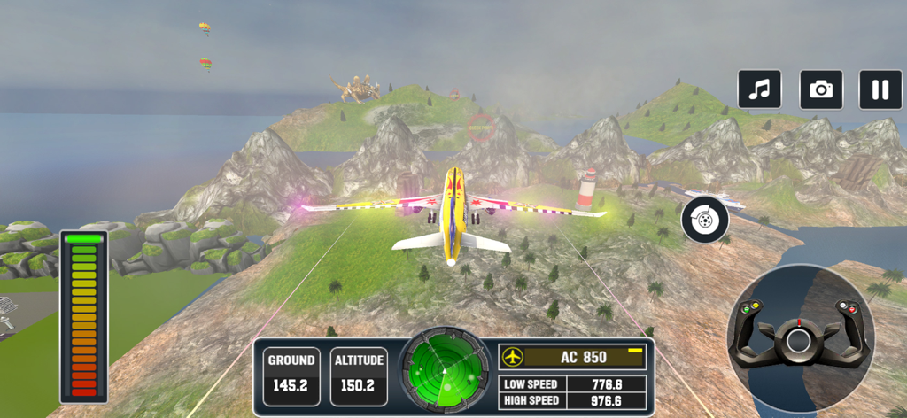 Flight Pilot Sky Airplane Game - A yellow airplane flying over a mountainous landscape with a large dinosaur in the distance and flight controls on screen