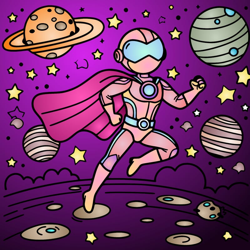 a superhero on a mission in outer space, surrounded by planets and stars.