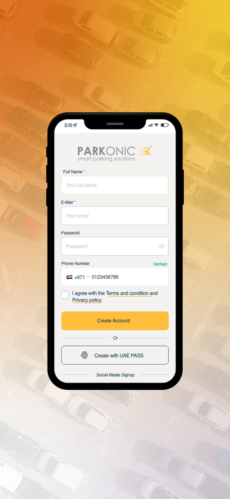 PARKONIC + - PARKONIC 스마트 주차 앱 계정 등록 페이지, 가입 필드 포함