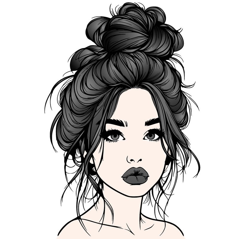 realistic girl with a messy bun and she has lips