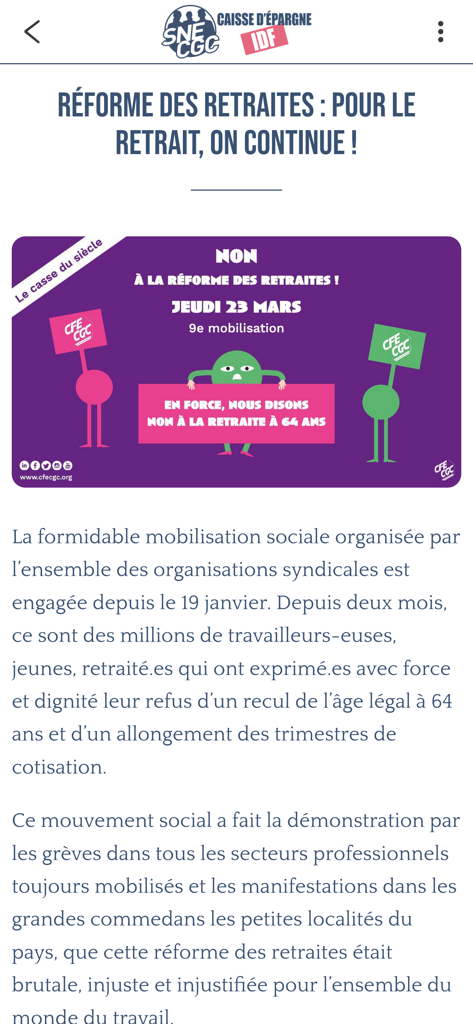 SNE-CGC CEIDF - Screenshot of the SNE-CGC CEIDF app showing a news article about pension reform mobilization.