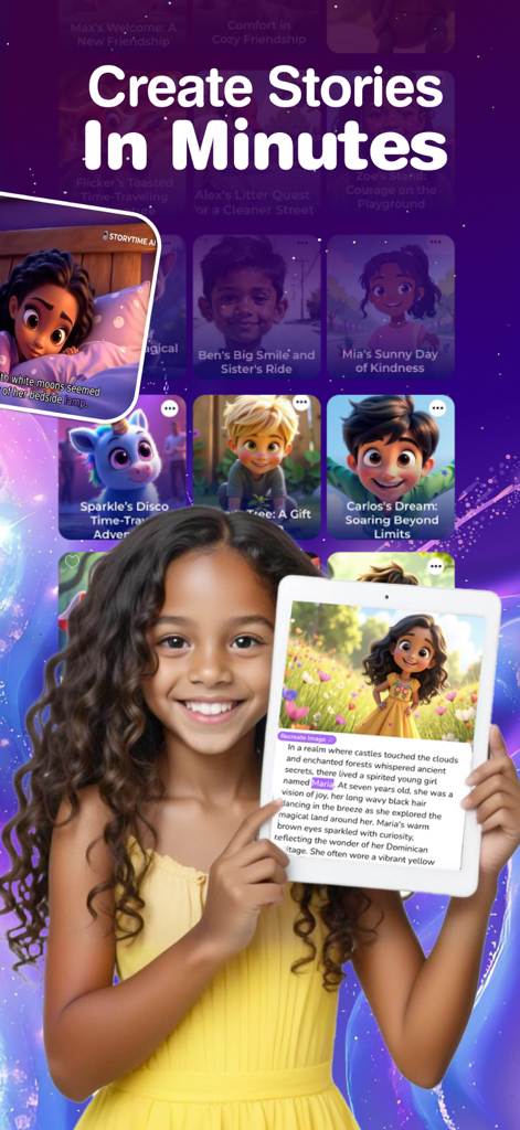 Storytime AI: Story Generator - A young girl holding a tablet displaying a personalized AI storybook with diverse character options in the background