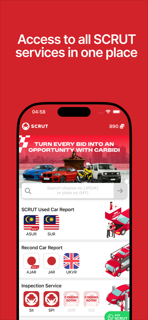 SCRUT - SCRUT app dashboard displaying options for used car reports, recond car reports, and vehicle inspection services.