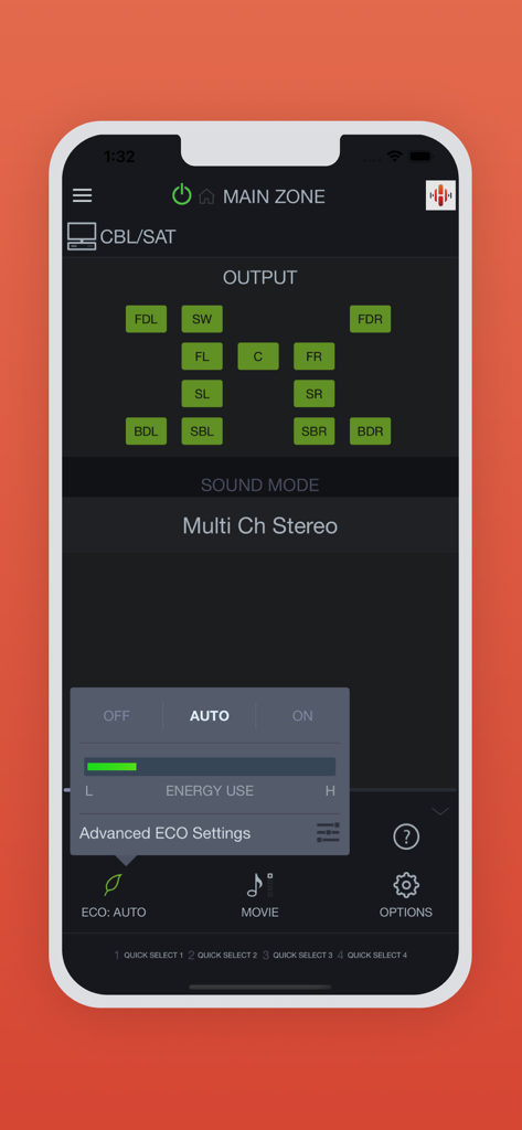 Interfaccia della modalità ECO dell'app Denon AVR Remote che mostra il layout dell'uscita degli altoparlanti e le impostazioni della modalità ECO.
