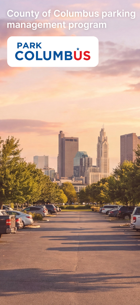 ParkColumbus - ParkColumbus logo displayed over a sunset view of the Columbus city skyline and a parking lot