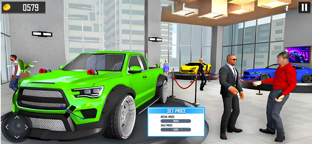 Car Dealership Simulator Game - 자동차 딜러가 럭셔리 쇼룸에서 녹색 픽업트럭의 판매 가격을 설정하고 있습니다