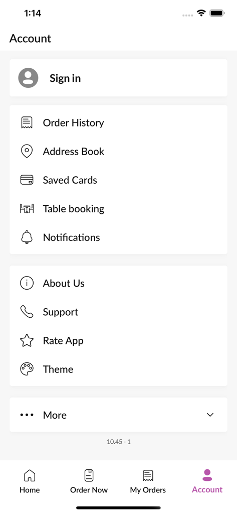 Lal Akash Restaurant - The account management screen of the Lal Akash Restaurant app showing menu options like order history and table booking.