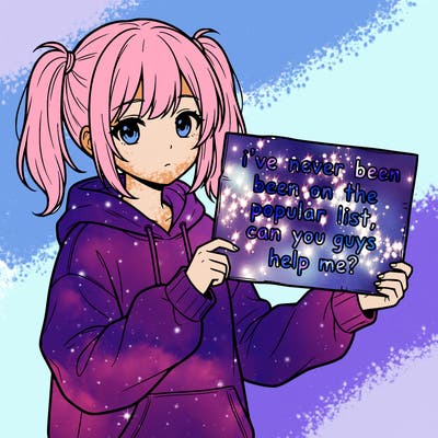 a cute anime girl with a sign saying  i’ve never been on the popular list, can you guys help me?