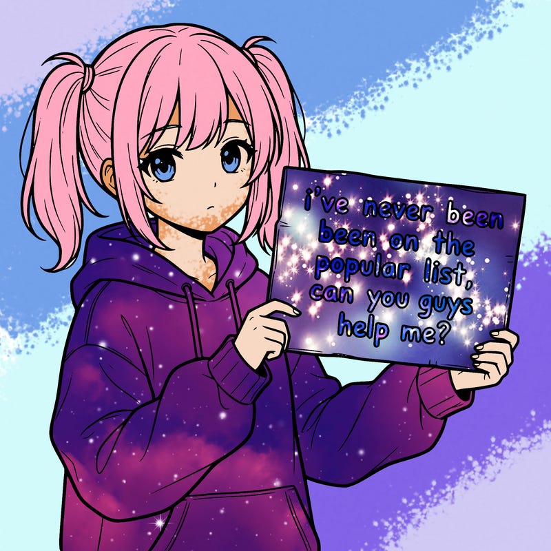 a cute anime girl with a sign saying  i’ve never been on the popular list, can you guys help me?