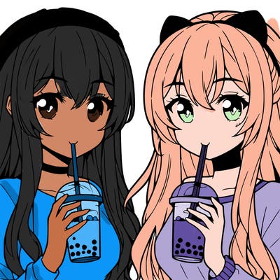 two anime girls with long hair drinking boba