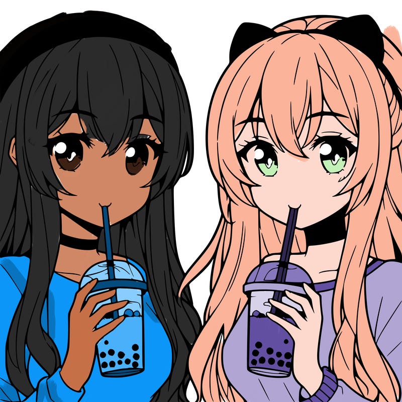 two anime girls with long hair drinking boba