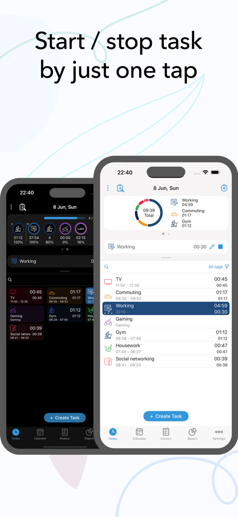 ATracker Time Tracker - ATracker app interface showing one-tap task tracking and daily activity log.