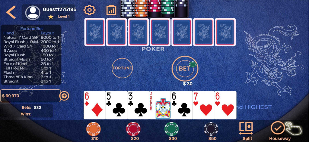 Pai Gow Poker Casino - Pai Gow Poker Casino gameplay screen showing cards dealt and betting options on a blue digital table