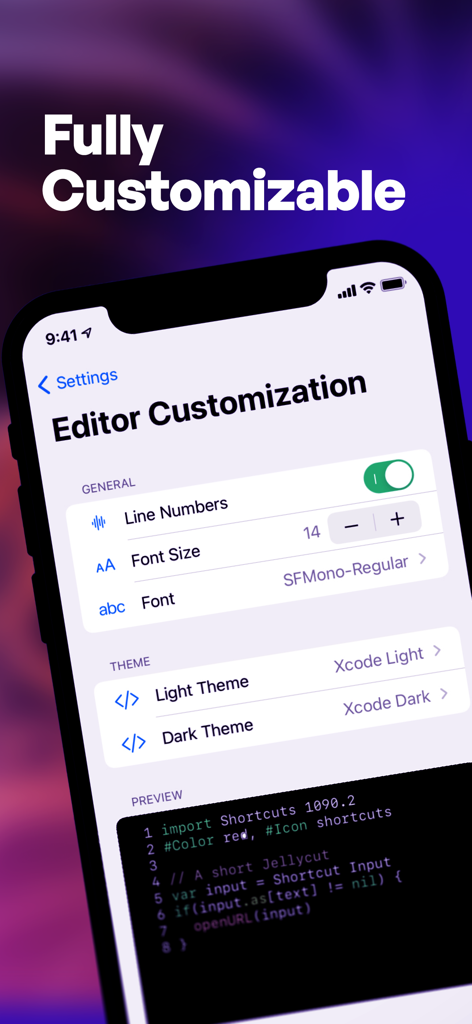 Jellycuts - Jellycuts editor customization screen showing settings for line numbers font size and themes