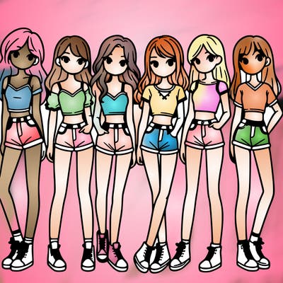 a group of girls wearing crop tops and shorts