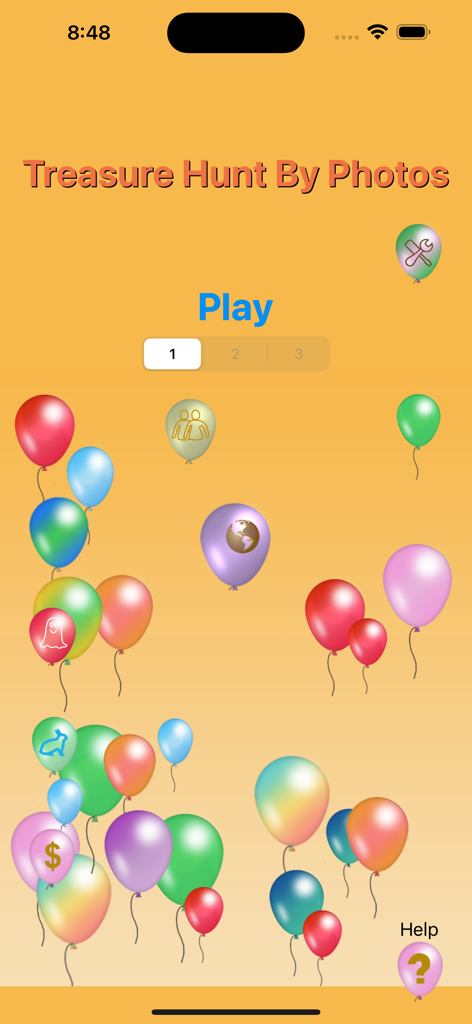 Treasure Hunt By Photos - Main menu screen of the Treasure Hunt By Photos app featuring colorful floating balloons and a play button
