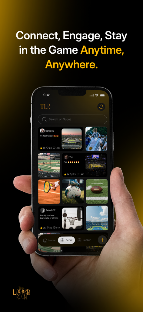 The LockerRoom App - A smartphone displaying the Scout discovery feed of The LockerRoom app featuring various sports photos and fan posts