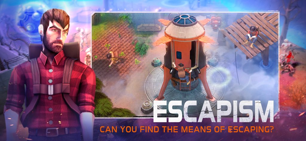 Character standing by a rocket in the game DYSMANTLE with the text Escapism