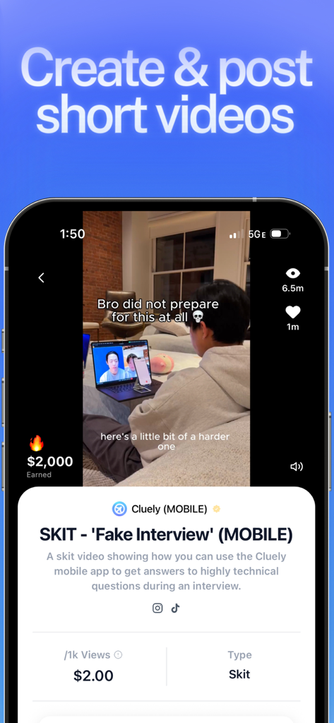 Bounty: Make Content, Get Paid - Interface of the Bounty app showing a creator earning money from a viral short video skit