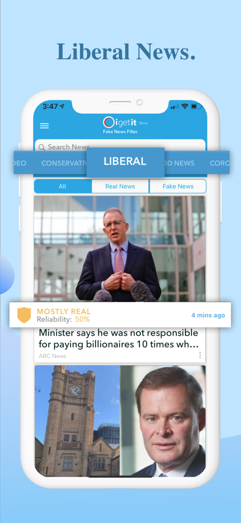 Oigetit mobile app interface showing a liberal news feed with a reliability rating overlay
