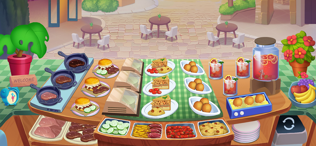 A colorful kitchen counter with burgers steaks and drinks in Kitchen Crush Restaurant Game