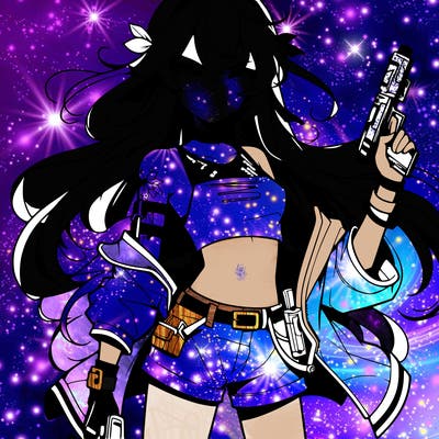 bad girl wearing crop top holding a gun long hair anime