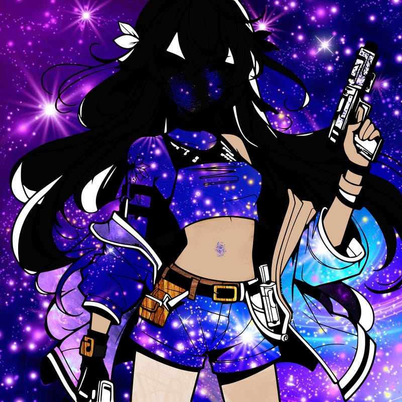 bad girl wearing crop top holding a gun long hair anime