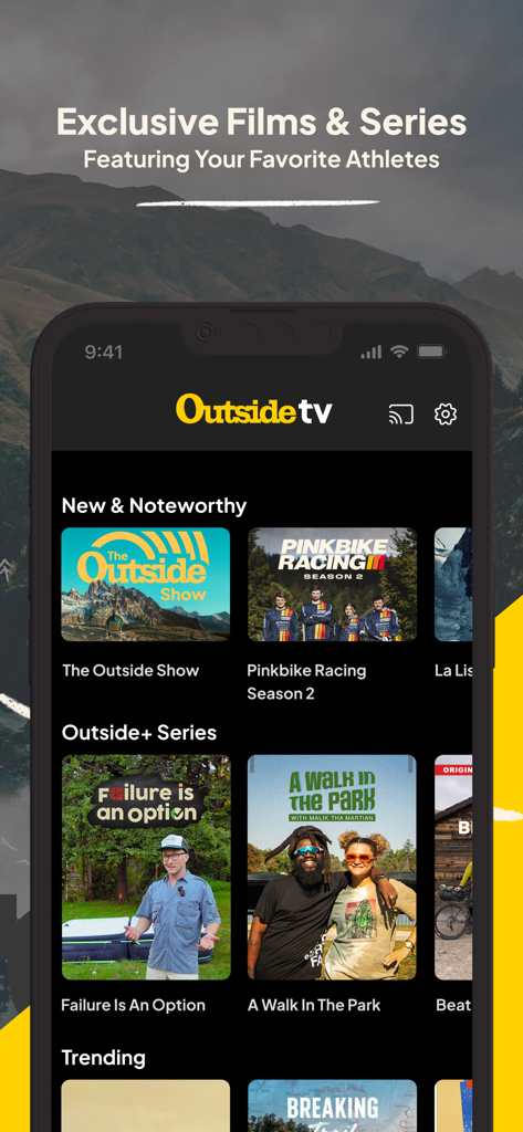 Outside TV app interface displaying exclusive outdoor sports films and series