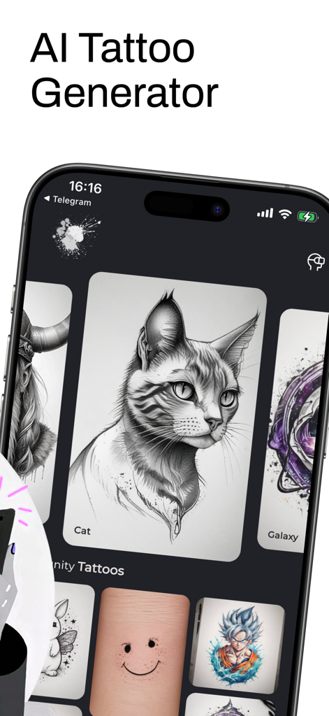 InkStudio – Tattoo Master AI - InkStudio app screen showing AI generated tattoo designs including a detailed cat sketch and community tattoos