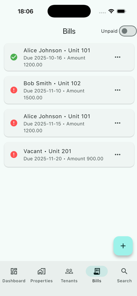 SmartCart mobile App-Oberfläche mit einer Liste von Mieterrechnungen mit Zahlungsstatus und Einrichtungsnummern