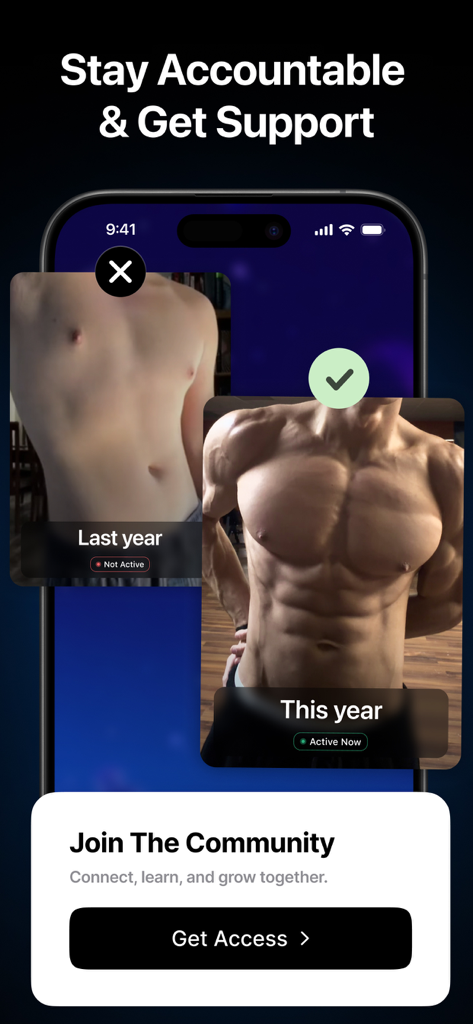 PrimeFit - Nutrition For Men - Before and after muscle transformation photos and community join screen in the PrimeFit app