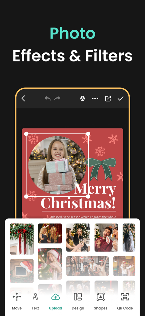 Social Media Post & Ad Maker - Interfaz de aplicación móvil de Social Media Post Maker mostrando un diseño navideño siendo editado con filtros fotográficos y una biblioteca de plantillas.