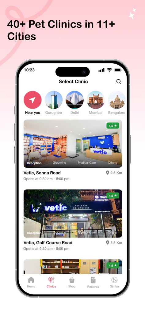 Mobile app screen of Vetic showing a list of nearby pet clinics with ratings and locations for easy booking
