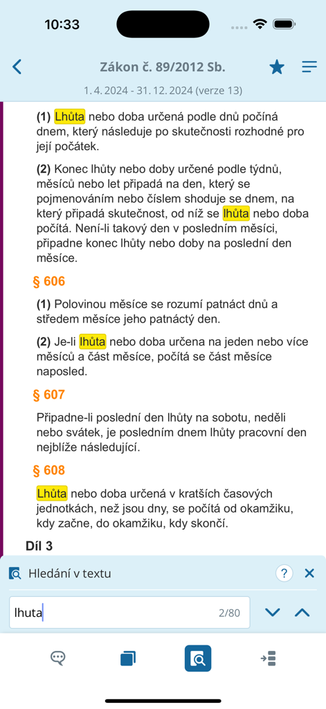 Zákony pro lidi - Zakony pro lidiアプリのチェコ民法内で、検索結果がハイライトされた法的用語の検索を表示するモバイル画面。