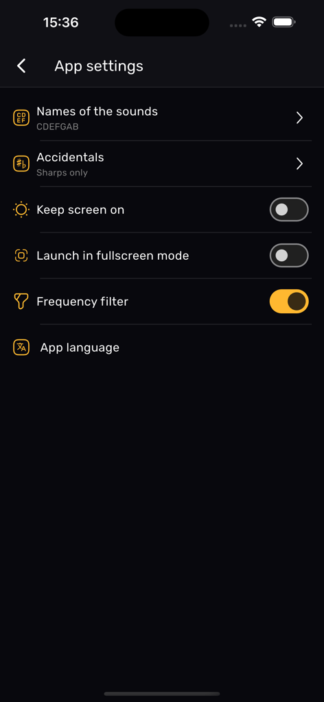 Balalaika Tuner – XTuner PRO - App settings screen of Balalaika Tuner XTuner PRO featuring frequency filter and sound name options