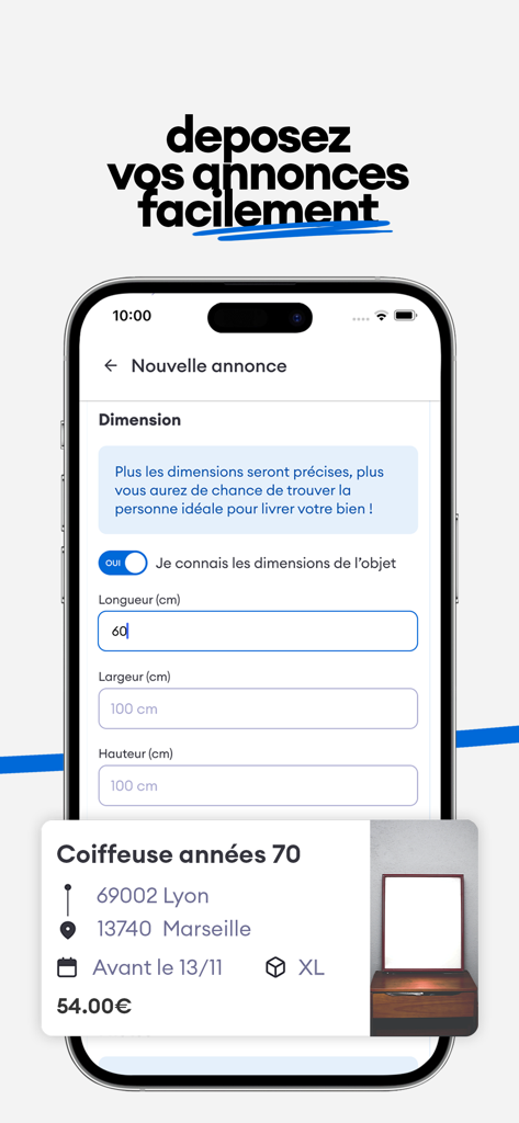 Cocolis, covoiturage de colis - Interfaz de la aplicación Cocolis que muestra cómo crear un anuncio de envío para un tocador vintage introduciendo las dimensiones del artículo.