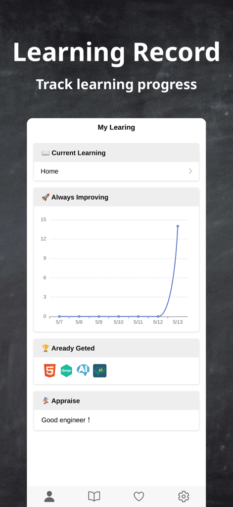 W3 - Un écran de tableau de bord intitulé Learning Record dans l'application W3 affichant un graphique de progression d'apprentissage et des icônes de cours de programmation terminés comme HTML5 et IA.