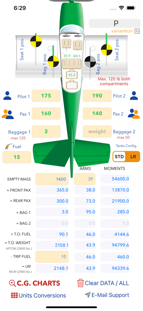 C172 M&B Mobile - Schermata di calcolo del peso e bilanciamento del Cessna 172 con input di passeggeri e carburante