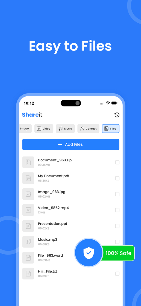 Quick Share : FIle Transfer - Quick Share app interface showing a list of files including documents, images, and videos with a 100 percent safe security badge.