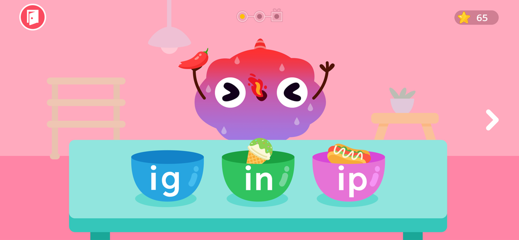 Ein farbenfroher Bildschirmausschnitt eines Lernspiels, der eine Figur zeigt, die Objekte mit Buchstabenendungen abgleicht.