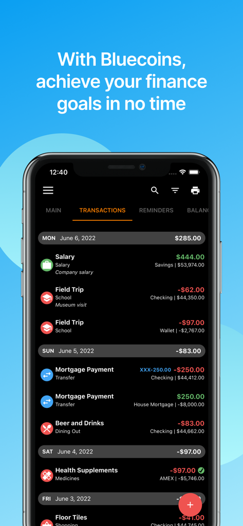 Bluecoins Finance & Budget - Bluecoins app interface showing a detailed transaction history list for income and expenses.