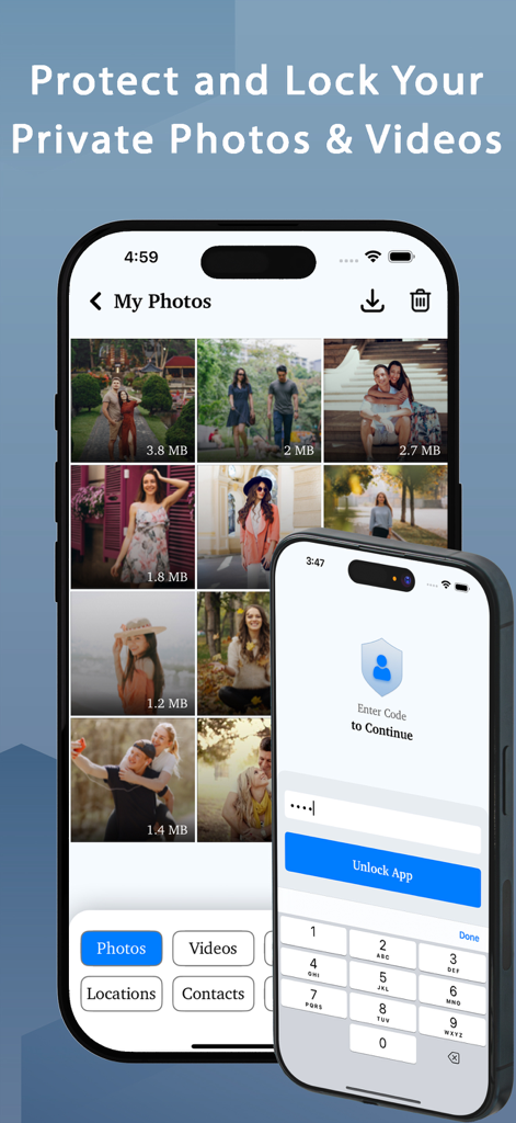 Photo Recovery - Backup & Edit - Interface of the Photo Recovery app showing a photo gallery and a passcode protection screen for private photos.