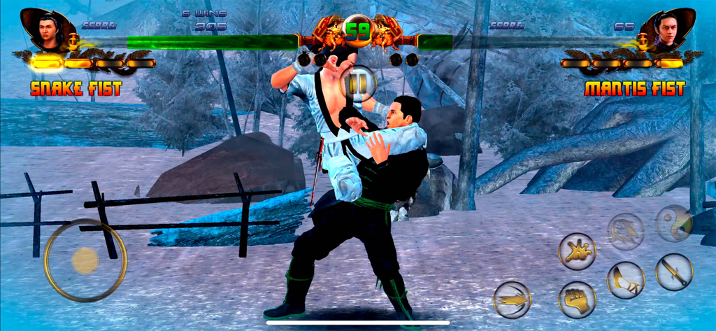 Shaolin vs Wutang - Fighting - Gameplay screenshot of Shaolin vs Wutang fighting game showing a combat scene between Snake Fist and Mantis Fist characters.