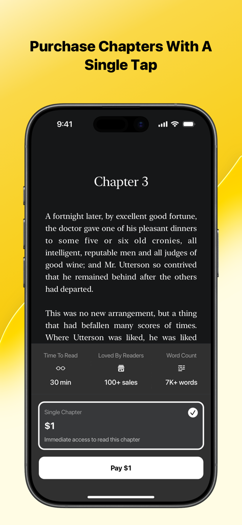 Smartphone interface of Stck Reader app displaying a chapter for purchase with a pay button for one dollar.