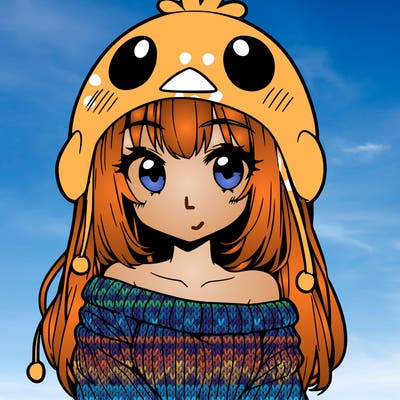 anime girl with chick shaped hat with sweater with bare shoulders with bangs covering them one eye with low tail