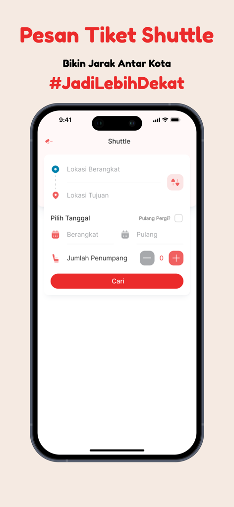 DayTrans - DayTrans mobile app shuttle ticket booking screen with departure and destination search fields