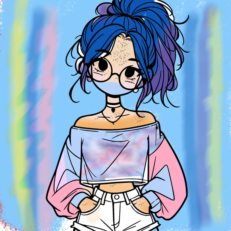 girl with a messy ponytail glasses a baggy crop top and jean shorts