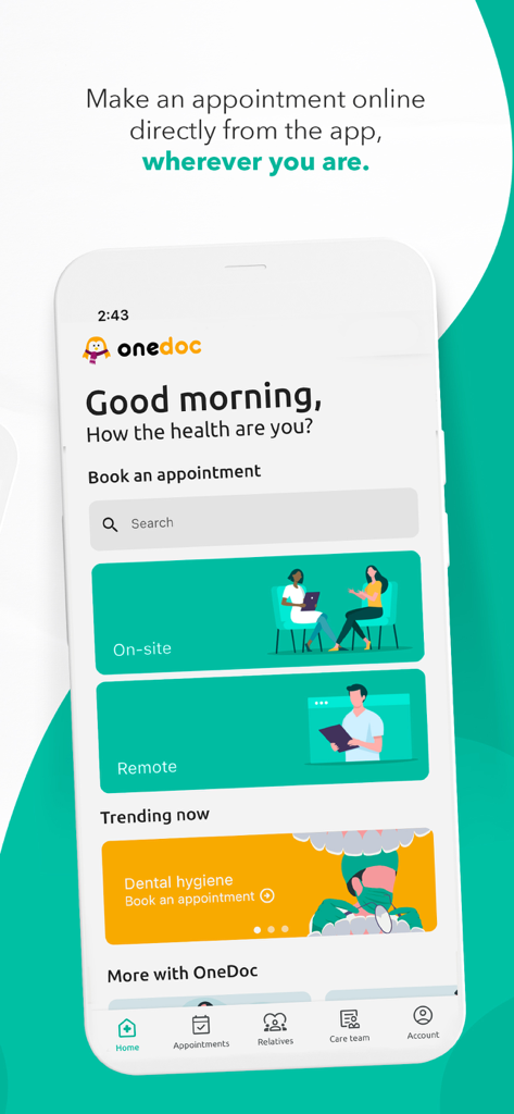 OneDoc - Schermata principale dell'app OneDoc per la prenotazione di appuntamenti medici online