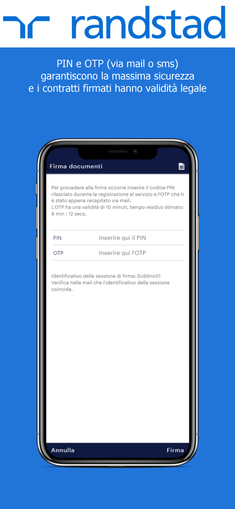 Interfaz de la aplicación Randstad e-doc que muestra el proceso de firma digital con campos de verificación de PIN y OTP.